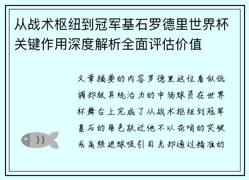 从战术枢纽到冠军基石罗德里世界杯关键作用深度解析全面评估价值